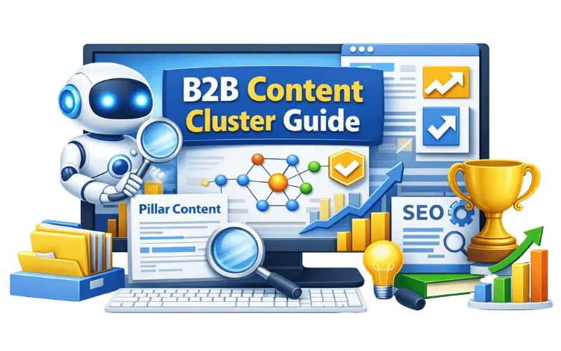B2B content strategy banner image with topic clusters, SEO analytics, and growth visuals