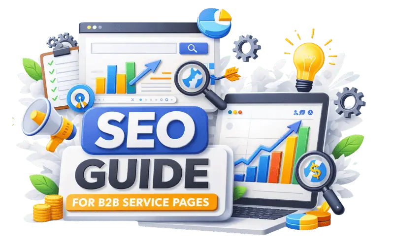 Banner image of SEO guide for B2B service pages with growth graph, magnifying glass, and digital dashboard