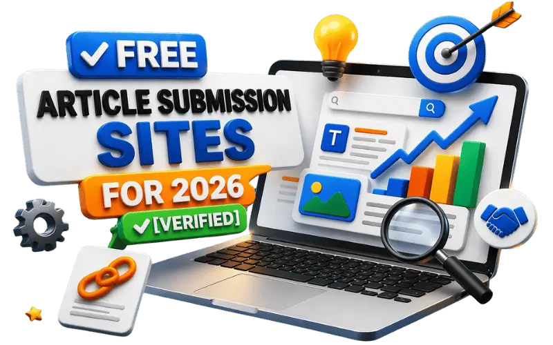 image showing content publishing and article submission concept with charts, target icon, and digital marketing elements