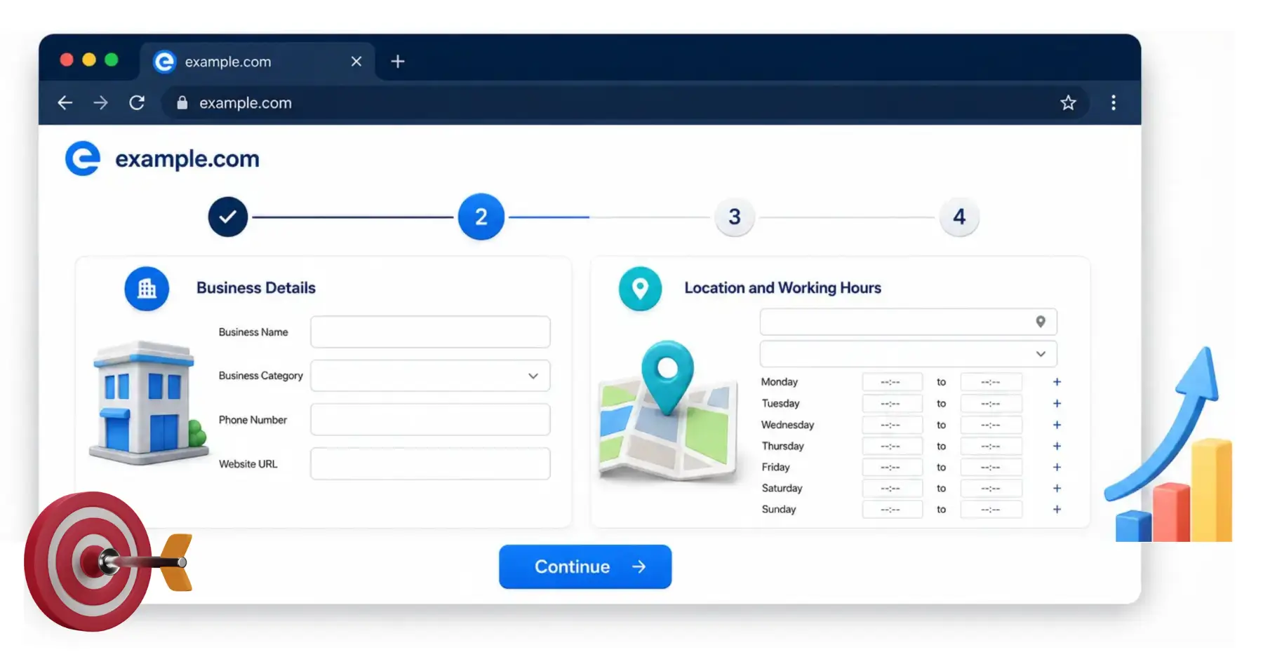 Business information page with contact, location and working hours fields Business information page with contact, location and working hours fields