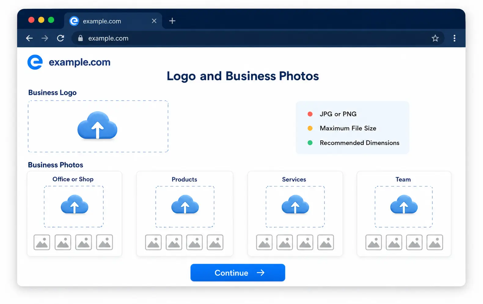 Business logo and photo upload options Business logo and photo upload options