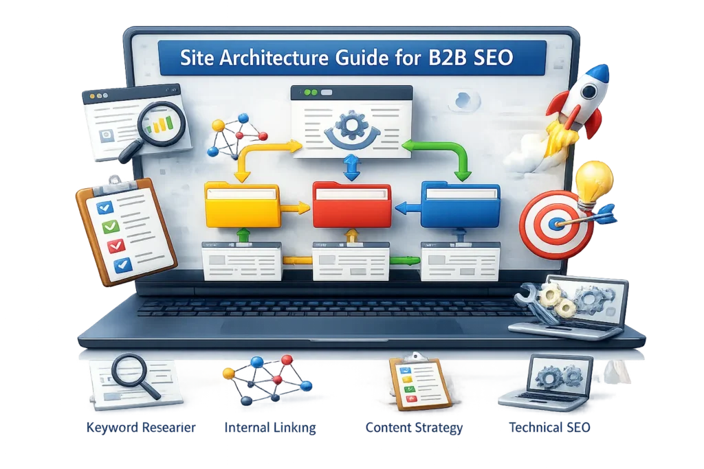 Image showing B2B SEO site architecture with internal linking, content strategy, and keyword research flow