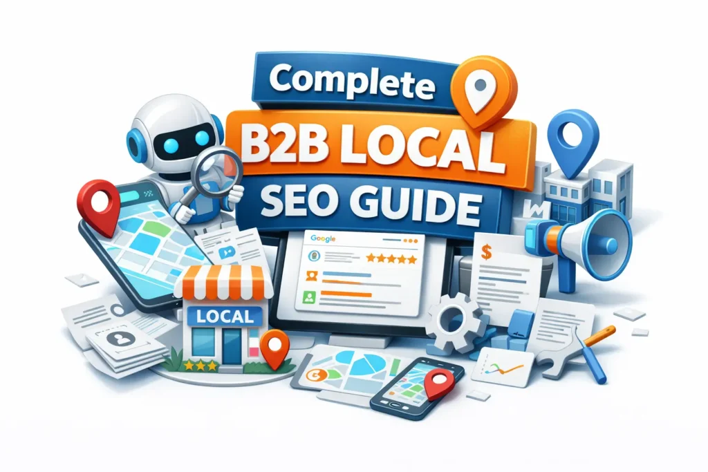 B2B SEO banner image with business listings, targeting, and analytics visuals