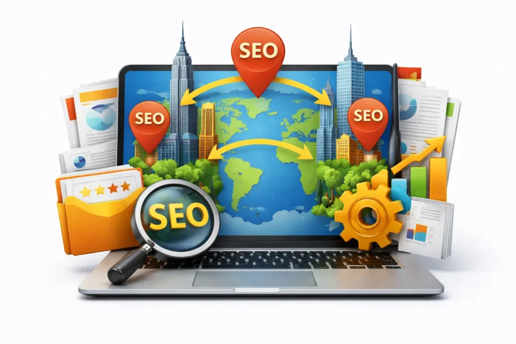 Image showing multi-location SEO with interconnected city nodes and optimized content structure