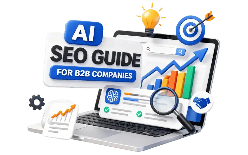 Image banner of AI SEO guide concept with 3D graphs and screen pop-out visuals