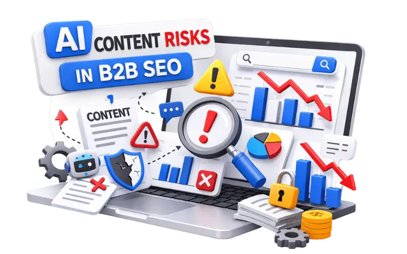 Image showing AI content risks in B2B SEO with warning icons, declining graphs, and analytics dashboard in 3D style