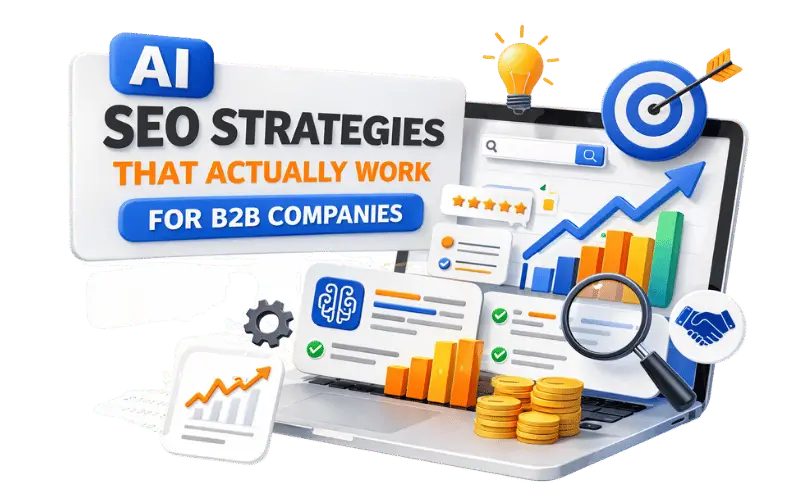 Image showing AI powered SEO strategy for B2B with charts, checklist and growth indicators