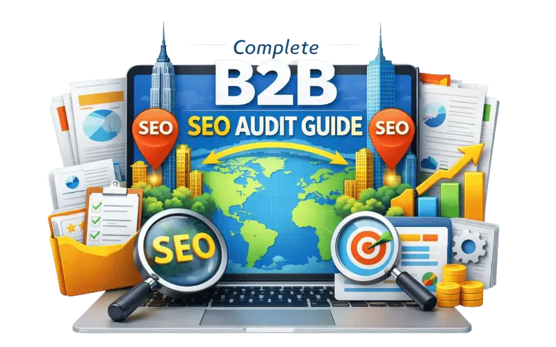 Banner image of B2B SEO audit dashboard with charts, target analysis, and reports