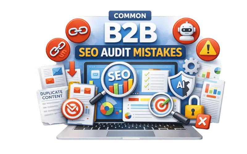 Image showing B2B SEO mistakes with reports, warning icons, and optimization problems