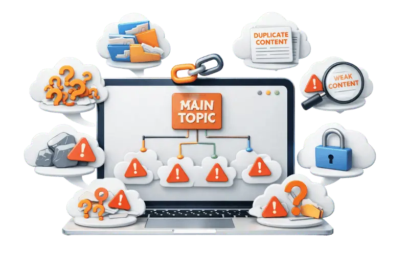 Image showing B2B content cluster issues with scattered topics and poor hierarchy
