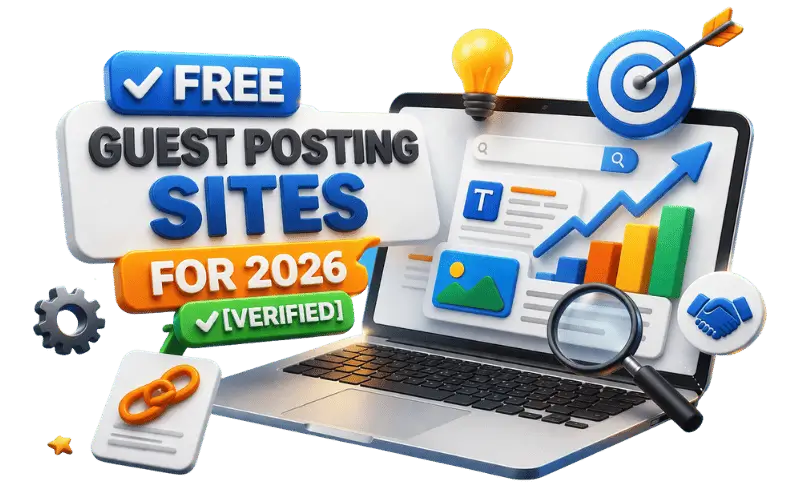 Banner image of guest posting websites with charts, backlinks, and digital marketing concept