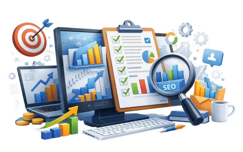 Image showing SEO performance tracking with charts, checklist and optimization elements