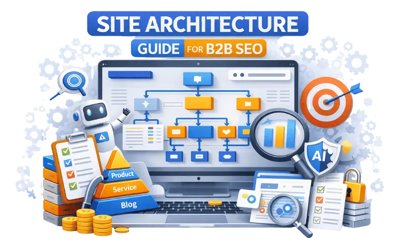 Banner image of B2B SEO site architecture with structured flowchart and analytics tools
