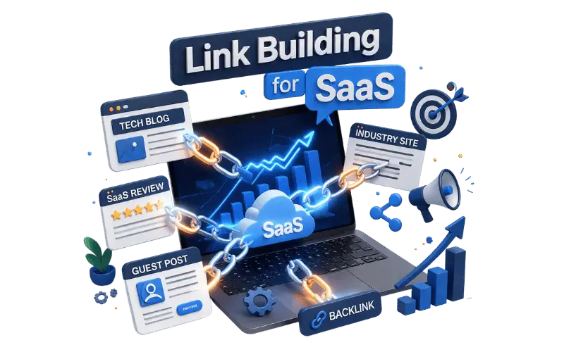Image showing SaaS SEO link building with connected platforms and performance graph Image showing SaaS SEO link building with connected platforms and performance graph