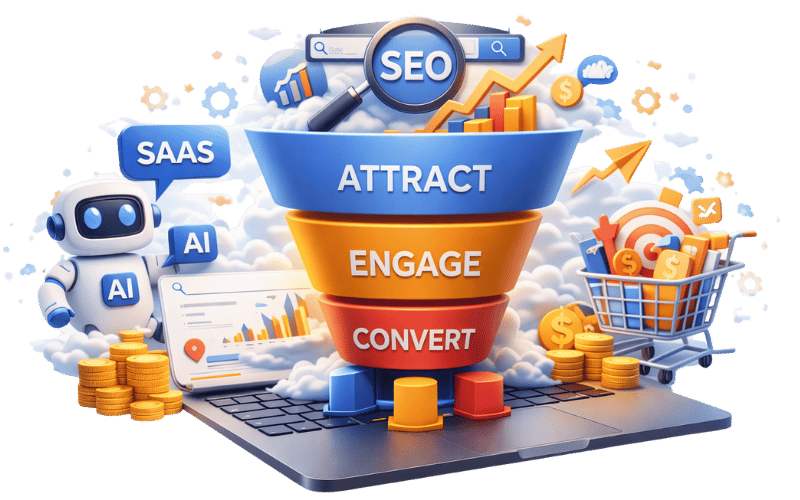 Image showing SaaS marketing funnel with SEO, AI, and customer conversion flow