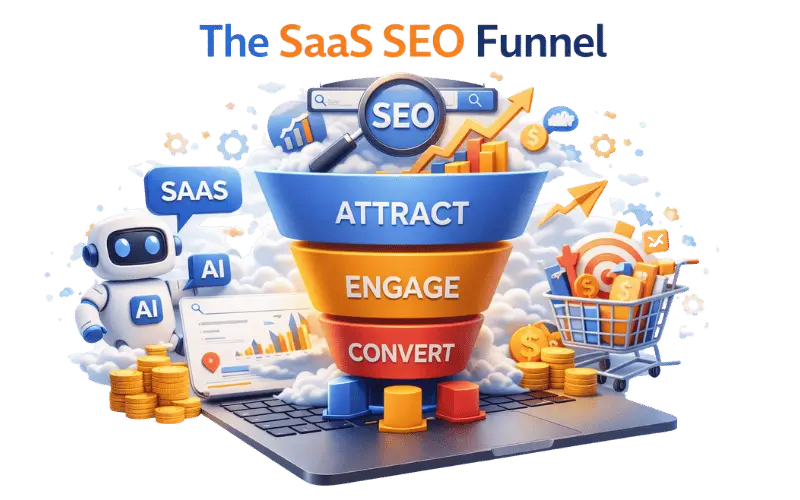 Image showing SaaS marketing funnel with SEO, AI, and customer conversion flow Image showing SaaS marketing funnel with SEO, AI, and customer conversion flow