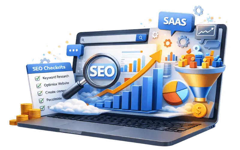 Image showing a SaaS SEO growth scene with magnifying glass and data visualization (1) Image showing a SaaS SEO growth scene with magnifying glass and data visualization
