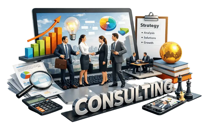 Image showing corporate consulting environment with professionals, growth graph, and business tools emerging from a digital screen