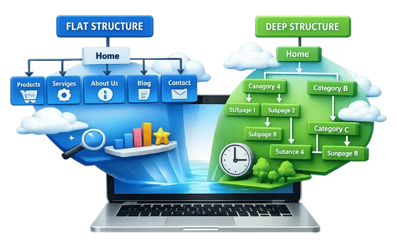 Image showing flat vs deep website structure comparison for SEO site architecture