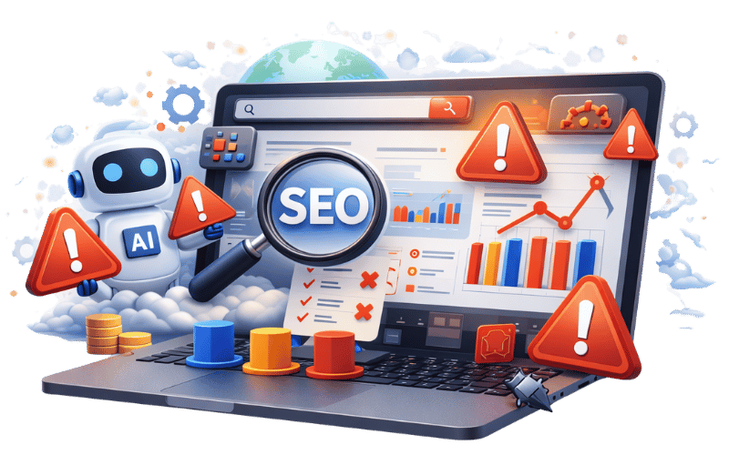 Image showing the common SaaS SEO mistakes with dashboard, alerts, and analytics charts