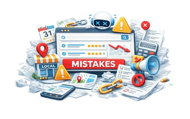Image showing local SEO errors like poor listings, broken links, and low rankings for B2B websites