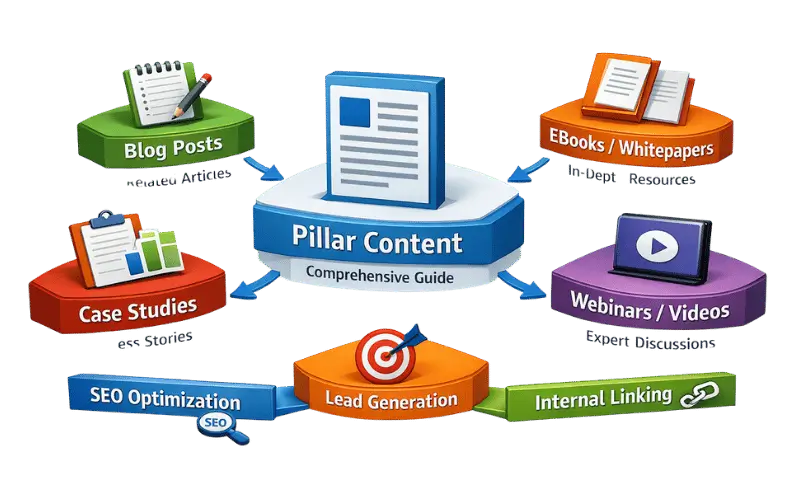 Visual of B2B content hub with pillar content and connected topic clusters
