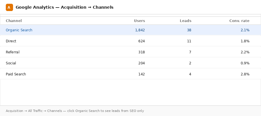 ga-channels Demo image of Google Analytics channels report showing traffic sources and organic search leads