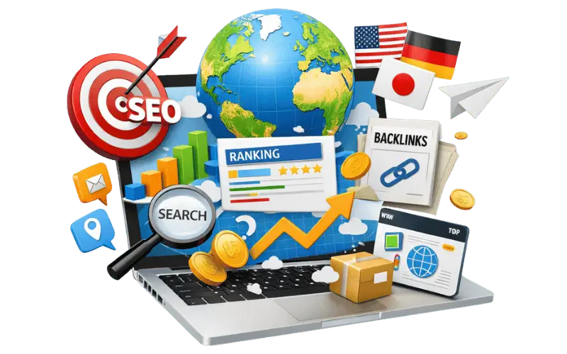 image showing global SEO outreach concept with countries, search magnifier, and ranking dashboard