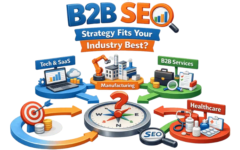 image showing decision-making concept for B2B SEO strategies across industries with compass and analytics icons