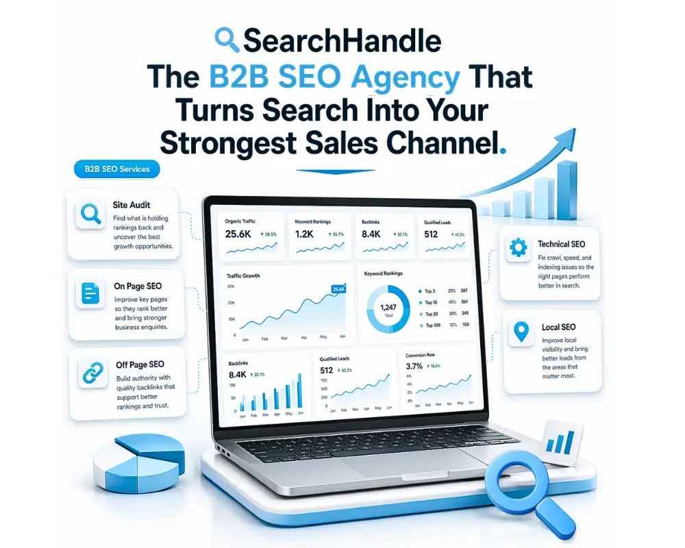 B2B SEO Agency graphic showing SEO dashboard, rankings, backlinks, and lead growth