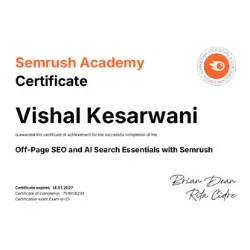 Semrush Off Page SEO and AI Search Essentials certificate