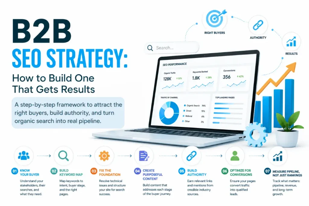 kuch aur nhid eskte ye mer eblgo ki main image hai

1:30 PM
B2B SEO strategy infographic showing a step-by-step framework to attract the right buyers and build organic pipeline