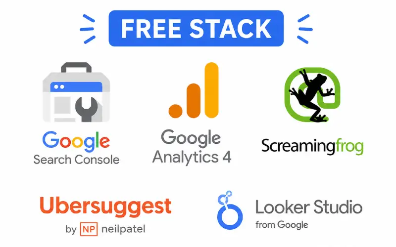 Free B2B SEO tools stack including Google Search Console, GA4, Screaming Frog, Ubersuggest, and Looker Studio (800 x 500 px) Free B2B SEO tools stack including Google Search Console, GA4, Screaming Frog, Ubersuggest, and Looker Studio
