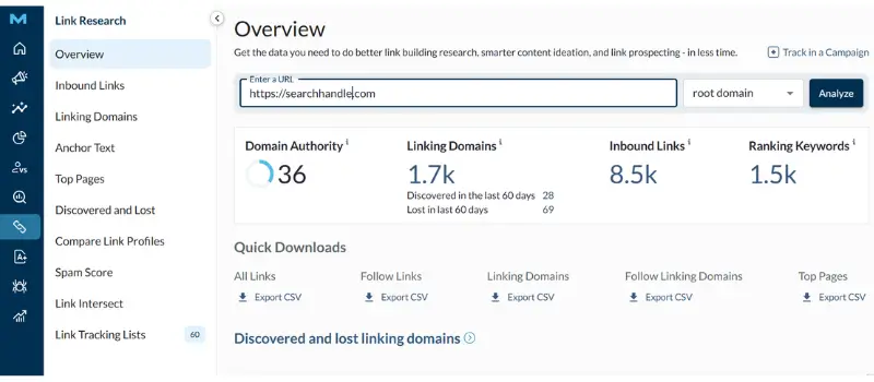 Moz Pro showing domain authority score, inbound links, and linking domains for a website Moz Pro showing domain authority score, inbound links, and linking domains for a website