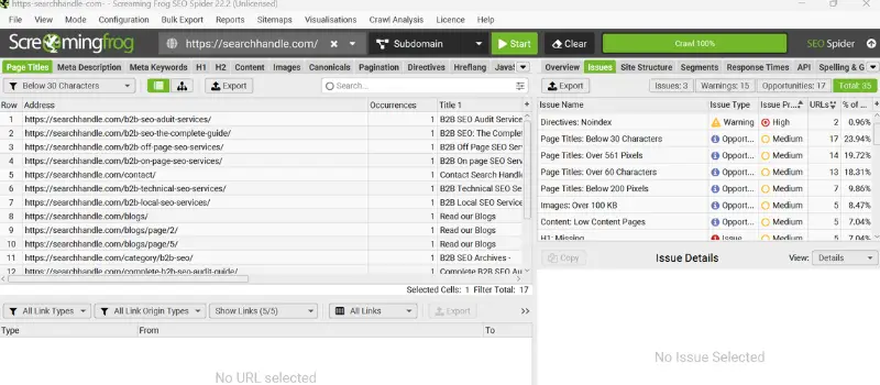 Screaming Frog Issues tab showing SEO warnings and opportunities for a website Screaming Frog Issues tab showing SEO warnings and opportunities for a website
