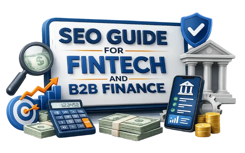 Professional SEO guide featured image for fintech and B2B finance companies with 3D financial elements