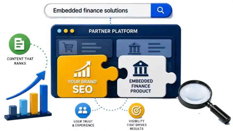 Embedded finance SEO image showing how content, trust, and visibility help finance products rank better