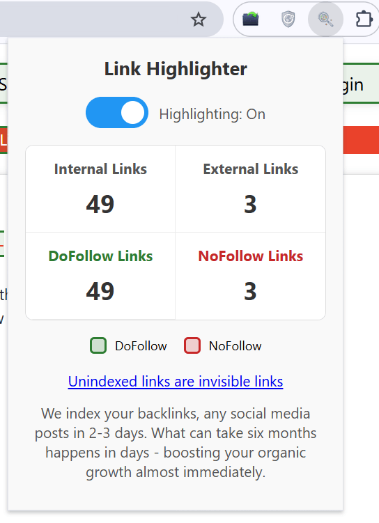 Dofollow and nofollow link highlighter extension