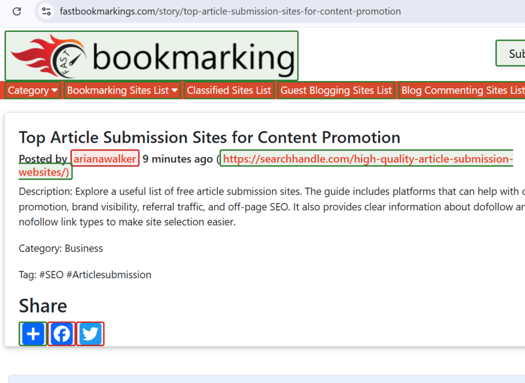 Dofollow backlink highlighted on a social bookmarking page