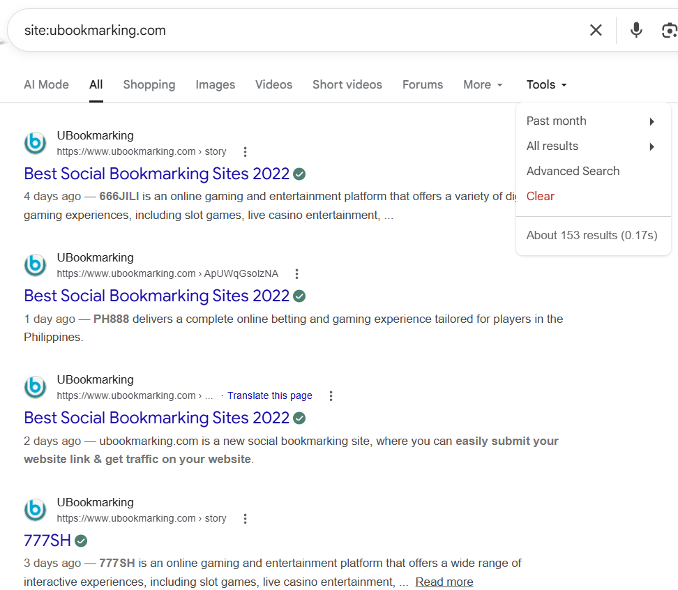 Google site search showing about 153 past-month results for ubookmarking.com