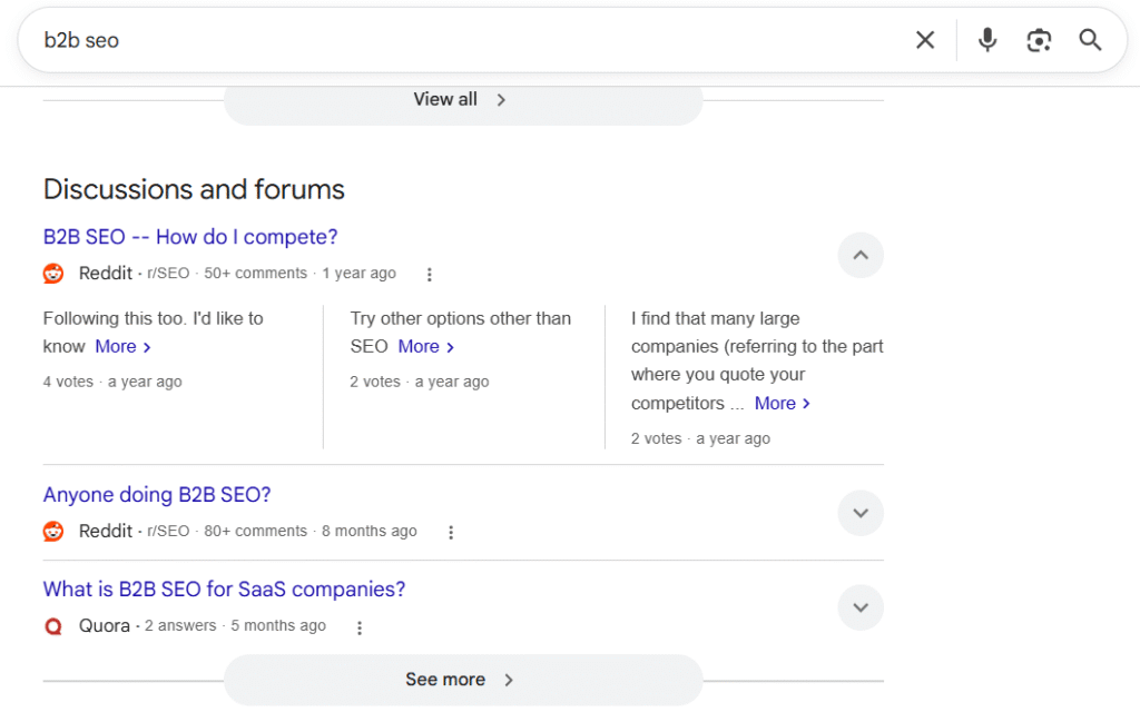 Reddit and Quora Q&A threads ranking in Google Discussions and forums for "b2b seo" Reddit and Quora Q&A threads ranking in Google Discussions and forums for "b2b seo"